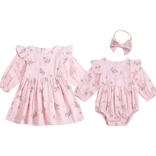 Multicolor Autumn Sister Baby Girls Floral Print Clothes Set Newborn Long Sleeve O-Neck Romper With Ruffles + Headband Autumn