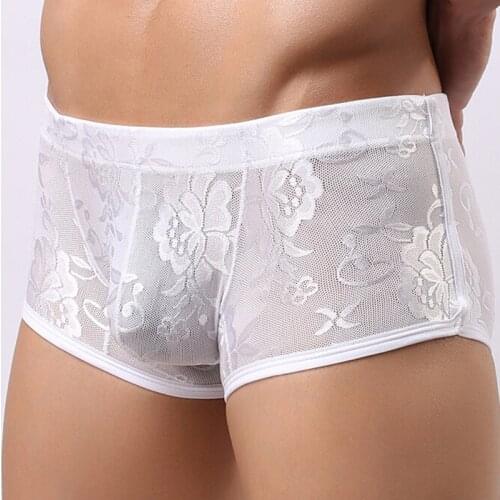 Men Sexy Lace mid waist panties underwear transparet breathable boxer underwear printing hombre shorts 2Colors M-XL