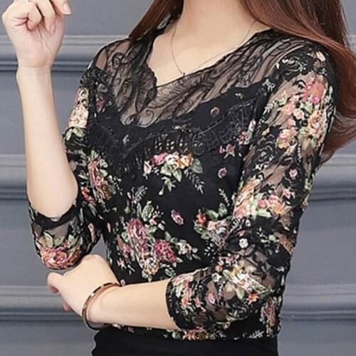 Nova Moda Outono 2019 Elegante Casual Mulheres Blusa de Renda Roupas Femininas Floral Manga Longa Com Decote Em V