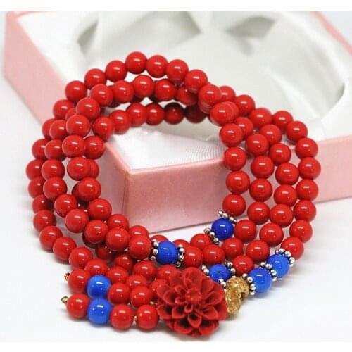 Special flower pendant synthetic stone red cinnabar multilayer 6mm round 108 beads blue making noble bracelet B802