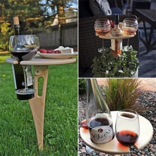 Outdoor Wine Table With Foldable Round Desktop Mini Wooden Picnic Table Easy To Carry Wine Rack Support Travel Tool Furniture