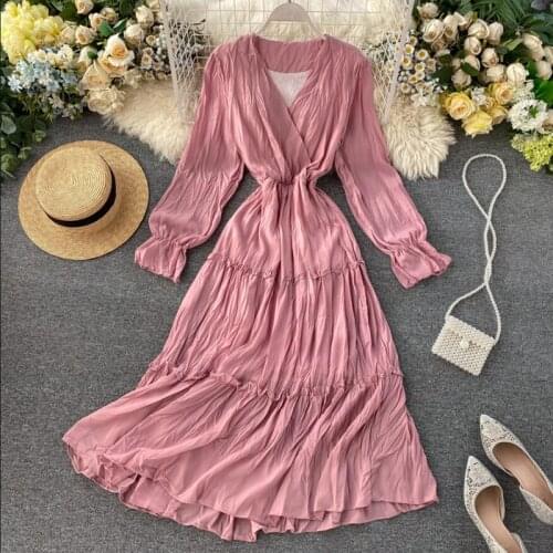 Pink Party Dress Women 2020 Spring Summer Elegant Long Sleeve V-neck Folds Chiffon Dress High waist Vintage Solid Midi Dresses