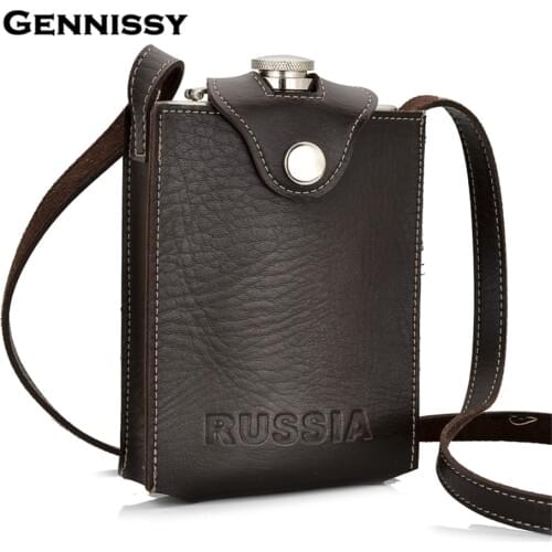 GENNISSY Russian Letter Pattern 9 OZ Stainless Steel Flagon Removable Brown Holster Buckle Hip Flask Men Portable Whiskey Flasks