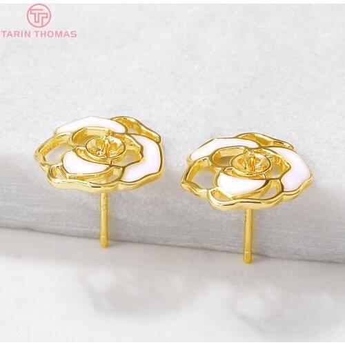 4PCS 10x9MM 24K Gold Color Plated Brass Oil Painting Flower Stud Earrings High Quality DIY Jewelry Making Findings