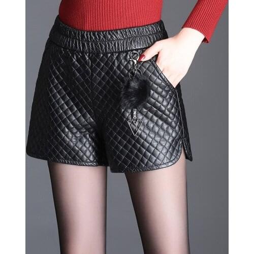 M-4XL Elastic High Waist Wide Leg Biker Shorts Autumn Winter PU Leather Shorts Women Plus Size Femme Casual Ladies Shorts Black