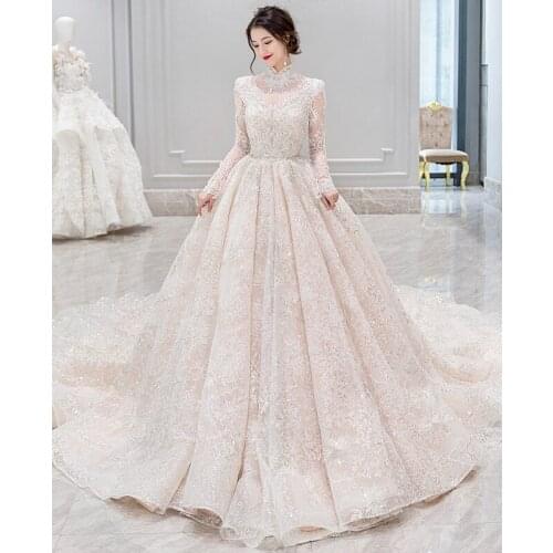 Custom Made Wedding Dresses Ball Gown Long Sleeve Tulle Lace Crystal Beads Luxury Muslim Wedding Gowns 2020 New Fashion HS18