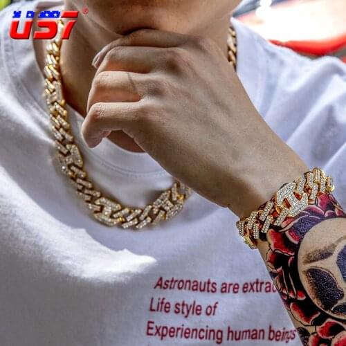 US7 17mm Miami Cuban Chain Necklace&Bracelet Micro-paved Cubic Zircons Jewelry Set Box Buckle For Men Hip Hop Jewelry Gifts