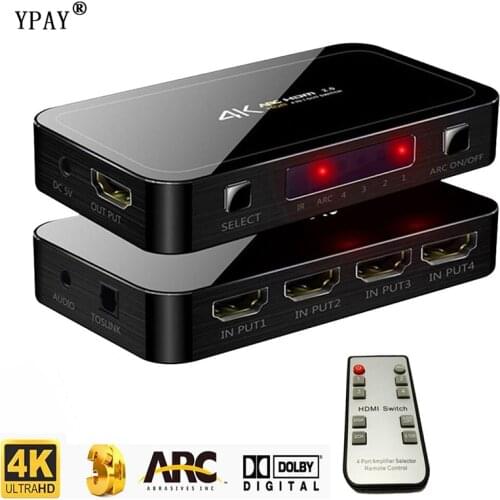 YPAY UHD HDMI Switch 2.0 4K HDR 4x1 Adapter Switcher with Audio Extractor 3.5 jack optical fiber cable ARC splitter for HDTV PS4