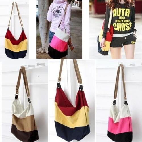 Womens Canvas Shoulder Bag Mix Color Striped Satchel Purse Messenger Handbag Crossbody Hobo