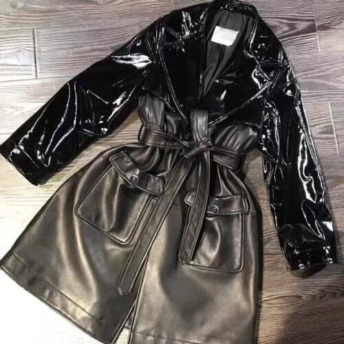 Sheepskin Leather Patent Leather Patchwork Long Trench Coats 2020 Autumn Winter Women Belt Real Leather Outerwear Black A84