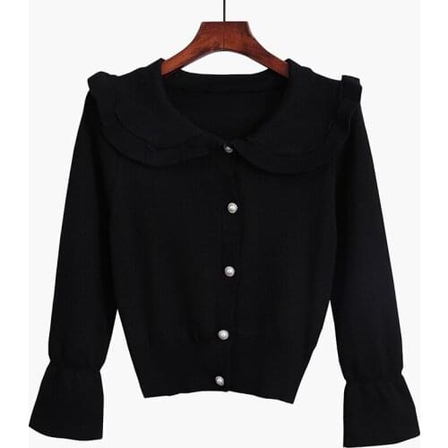 PERHAPS U Women White Black Red Pink Peter Pan Collar Sweater Knitted Long Sleeve Button Short Cardigans Sweet Spring M0393