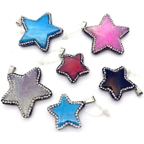 1pcs Natural Stone Pendant Blue Red Inlaid Diamond Fine Charms DIY Necklace Accessories Jewelry Making Supplies Pentagram Shape