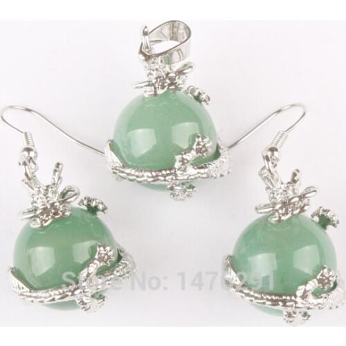 16MM Natural Aventurine Quartz Round Bead Inlaid Dragon Pendant & Earrings 1 Set