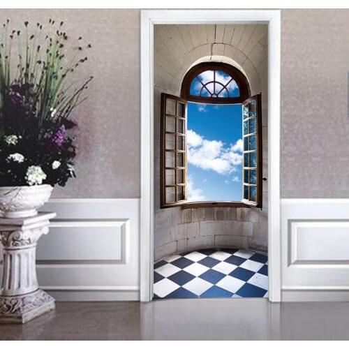 2 Pcs /set 3D Window Landscape Blue Sky White Cloud Door Wall Sticker Wallpaper Waterproof Mural Bedroom Home Decor Poster