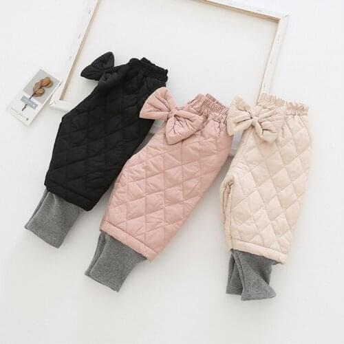 2020 Childrens Clothing Autumn and Winter Thickened Girls Cotton Pants Baby Girl Warm Down Pants Big Bow Childrens Warm Pants