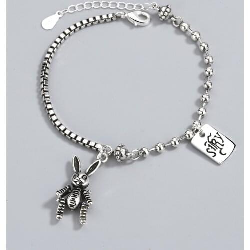 MEYRROYU 925 Sterling Silver Retro Punk Style Rabbit Word Mark Chain Bead Pendant Bracelet Ladies Fashion Jewelry Gift Wholesale