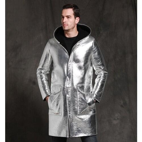 SANI New Silver Sheepskin Fur Shearling Long Slim Warm Real Sheepskin Coat Men Winter Hooded Genuine Leather Clothing