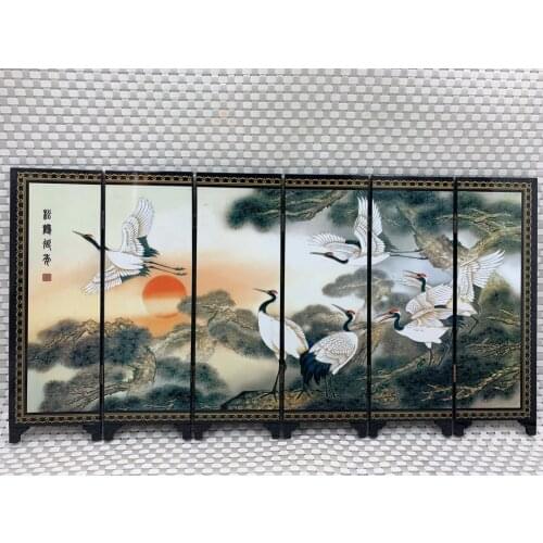 China Collect Exquisite Lacquer PaIntIng Celestial Crane Small Folding Screens Handicraft Home Decoration