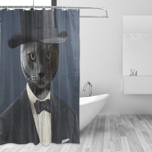 Creative Mr. Cat Print Design Shower Curtain Polyester Fabric Waterproof Mildew Proof Bath Curtain With 12 Hooks For Shower Room