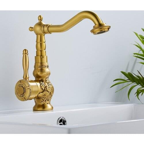 Brass Kitchen Faucet Antique Water Tap Mixer Retro Carving Basin Faucet Cold and Hot Artistic Basin Mixer Taps Single Handle