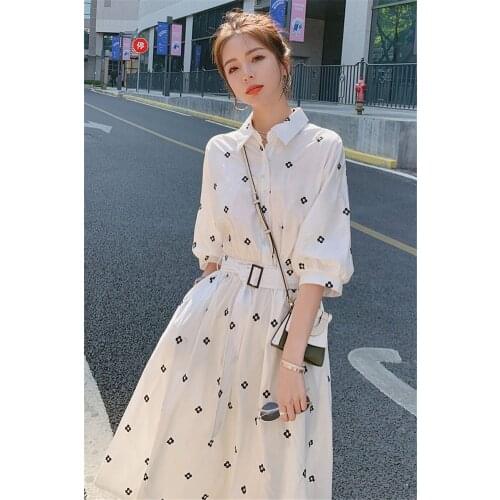 Fashion Printed Shirt Dress Women 2021 Summer Sweet French Korean High Waist Slim Belted Single Breasted Female Vestidos zh1058