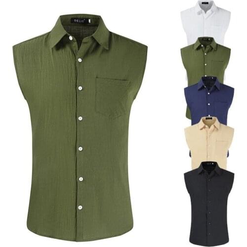 Solid Shirts Men Summer New Casual Sleeveless Mens Shirt Pocket Linen Breathable Camisas Slim Plus Size Chemise Homme 5+ Colors