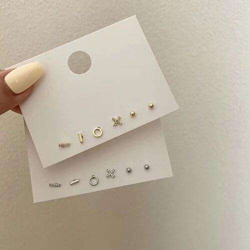 Origin Summer Korean Fashion 6pcs Round Beaded Cross Stud Earring for Women Rhinestone Minimalist Hollow Metal Earring Jewelry