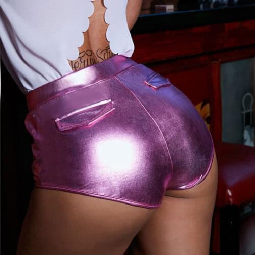 Sexy Women Faux High Waist Hot Short Push Up Hip Shiny Dance Short Pocket Vintage Booty Mini Short Culb Wear F18