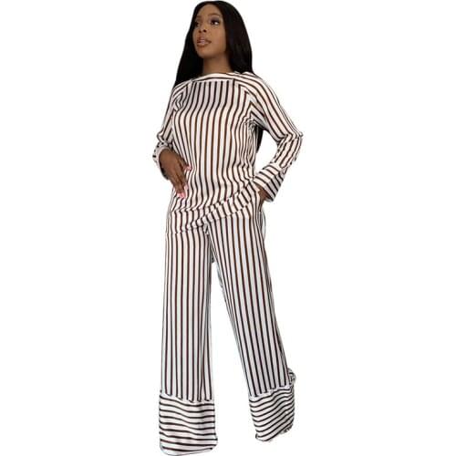 RMSFE 2021 Womens New Long Sleeve Round Neck Fashion Striped Print Slim Pants Two Piece Set