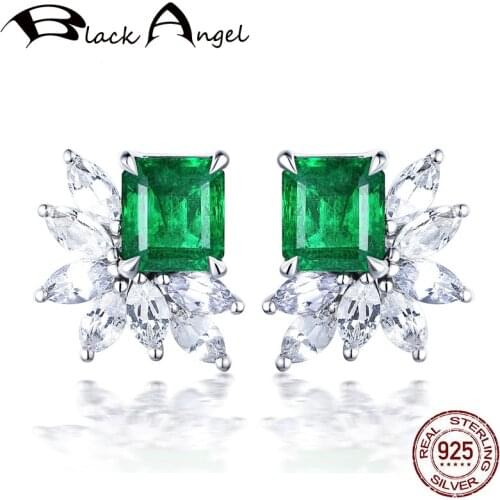 BLACK ANGEL Princess Square Emerald Sapphire Ruby 925 Silver Zircon Gemstone Stud Earrings for Women Wedding Jewelry Wholesale