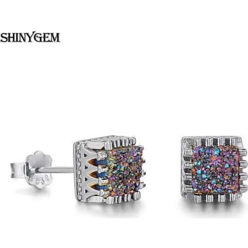 ShinyGem 2020 Trendy Women Square crown Earrings Jewelry Natural Sparkly Crystal Druzy Stud Shape Earrings Gifts For Female