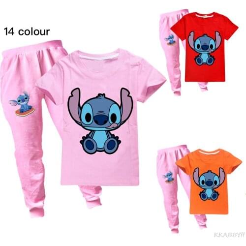 STITCH Kids Tracksuit New Summer Cartoon T shirt Leisure Children Boys Clothes Set Gift for Girls Outfits