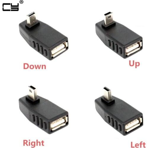 USB Female to Mini USB Male 90 Degree Down right Angle Left Angle UP OTG Adapter for Car AUX Tablet Black Right Left Down