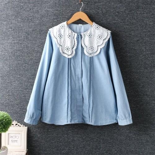 2021 New Spring Women Blouse Japan Style Mori Girl Fresh Hollow out Embroidery Lace Solid Color Long Sleeve Shirt