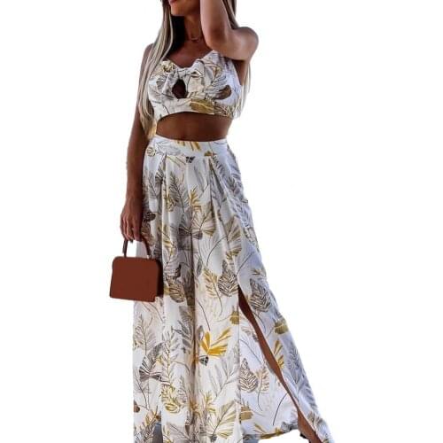 Women Outfit Sleeveless Plant Print 2021 Bow Crop Top Split Wide Leg Pants for Beach sets womens outfits summer White xl