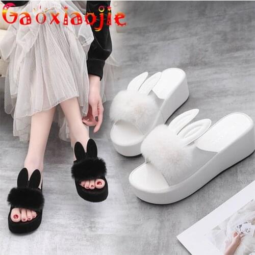 Net Red 2021 Wedge Heel Slippers Women Shoes Spring Summer Outer Wear Rabbit Ears Muffin Thick Bottom 6CM Women Sandals Flats