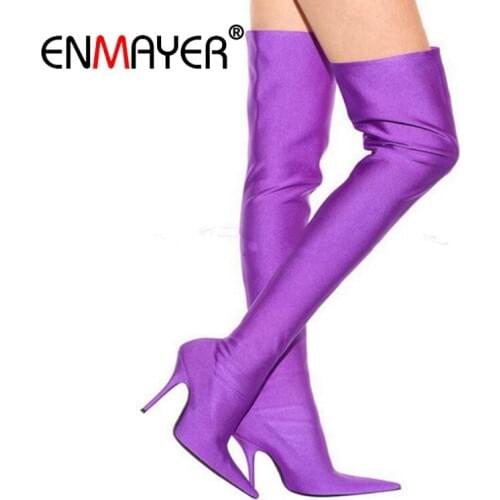 ENMAYER New Big size34-43 Sexy Stretch boots High Heels Long Boots Women Shoes Knee-high thigh Knight boots Pointy European CR78