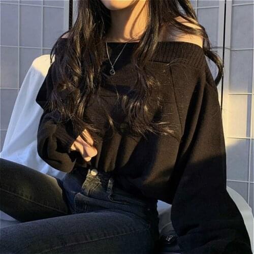 Women Sweaters New Slash Neck Black Fashion Students Knitting Street Loose England Casual Long Sleeve Female Pullovers Sweaters