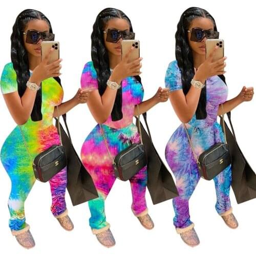 Tie-dye Print Women 2 Pieces Set Short Sleeve O Neck Tops and Pencil Long Pants Ladies Casual Daily Outfit Wear Tracksuit