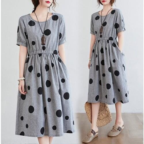 2021 New Arrival Short Sleeve Loose Summer Dress Cotton Print Dot Slim Office Lady OL Work Dress Women Travel Casual Midi Dress