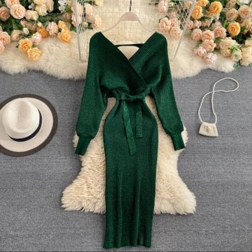 Sparkling Knitted Party Dress Women Elegant Batwing Sleeve V-Neck Slim Green Vintage Sweater Dresses Ladies Sexy Bandage Dress