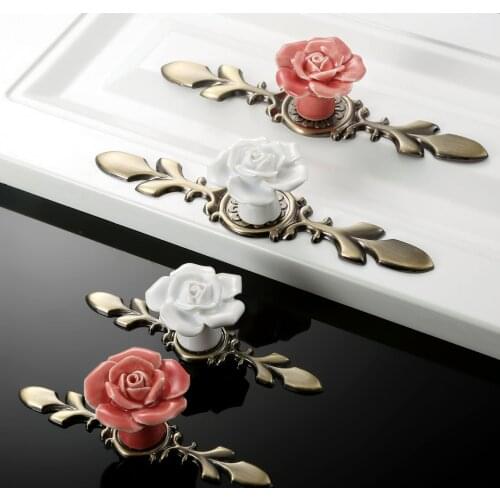 1PC Rose Ceramic Alloy Vintage Furniture Kitchen Handle Door Handles Cupboard Closet Drawer Cabinet Handles and Knobs
