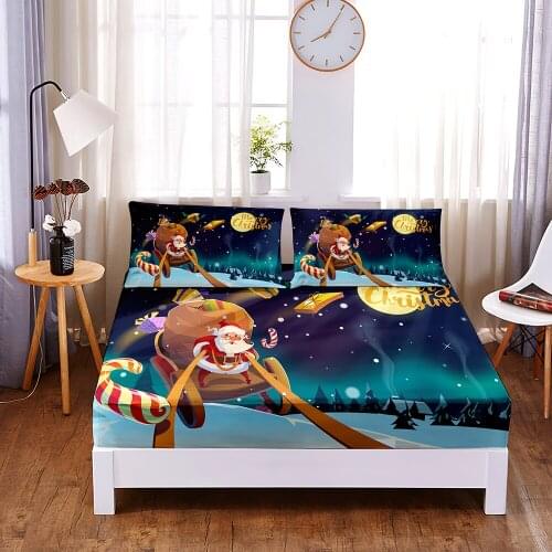 Lovely Christmas 3pc Polyester Solid Fitted Sheet Mattress Cover Four Corners With Elastic Band Bed Sheet(2 pillowcases)