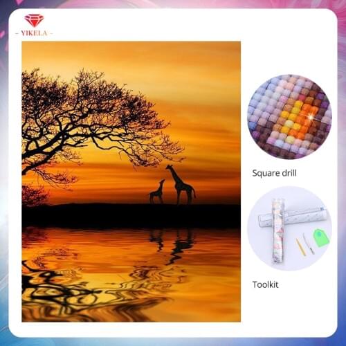 YIKELA 5D Full Display Mosaic Diamond Embroidery Sunset Giraffe Diamond Painting Picture Rhinestone Landscape Home Decoration