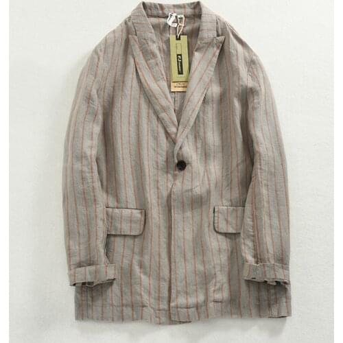8336 Men Linen Stripe Suit Spring Summer Japan Style Fresh Simple Vintage Casual Multi-Pocket Long Sleeve Loose Plus Size Tops