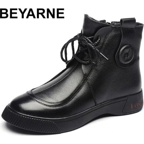 BEYARNE Autumn Winter Genuine Leather Ankle Boots Flat Shoes For Women Warm Boots Side Zipper Soft Comfortable Cow Leather Botas