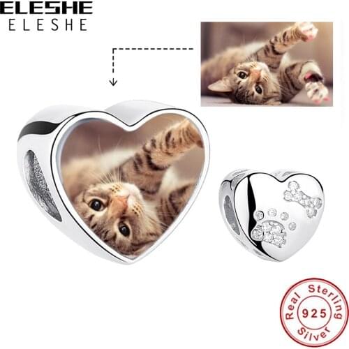 ELESHE Personalized Custom Heart Photo Bead 925 Sterling Silver CZ Pet Paw Print & Bone Charms Fit Original Bracelet DIY Jewelry