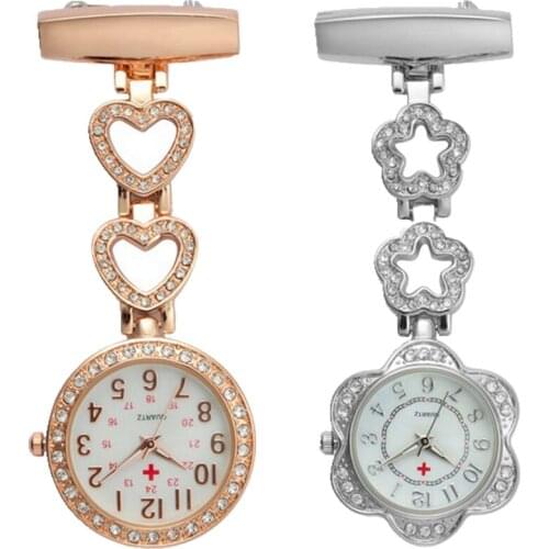 10pcs/lot luxury women ladies alloy metal flower love heart shape diamond nurse watch lady medical pin hang FOB pocket watches