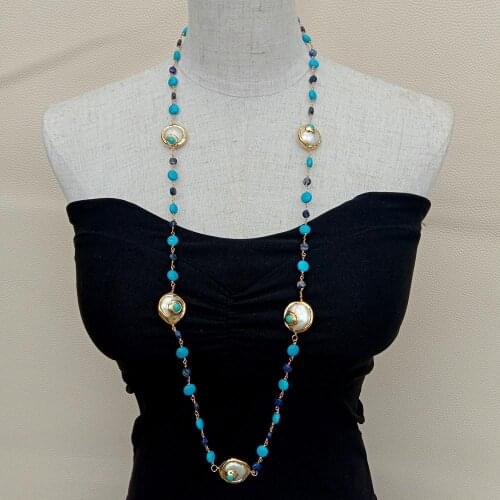 YYGE Natural Blue Turquoise White Coin Pearl Blue Turquoise Lapis Coin Shape faceted lapis rosary Chain Long Necklace 35"