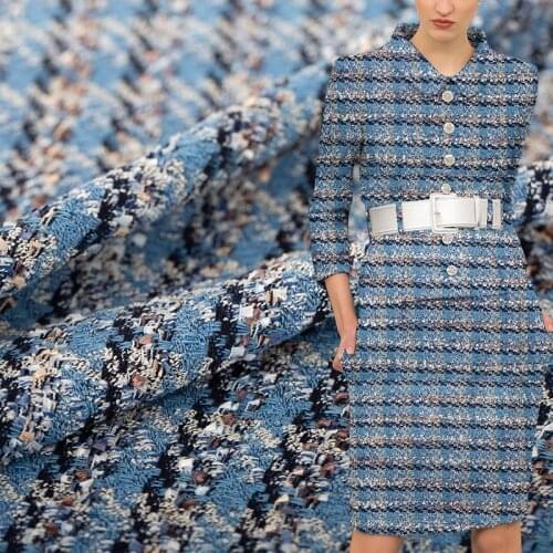 White Waxberry Italy Blue Plaid Tweed Fabric Garment Material Autumn Women Jacket Coat Sewing Cloth Tailor Textile Freeshipping